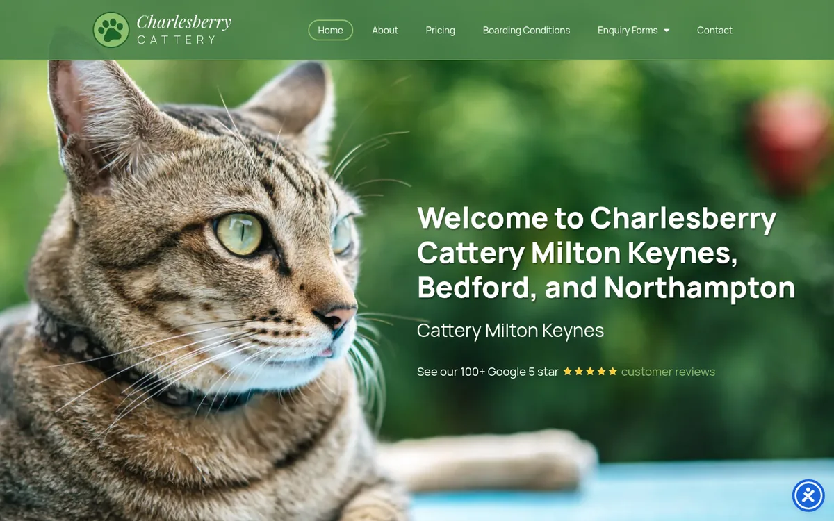 Charlesberry Cattery website homepage showing a tabby cat and the cattery welcome heading