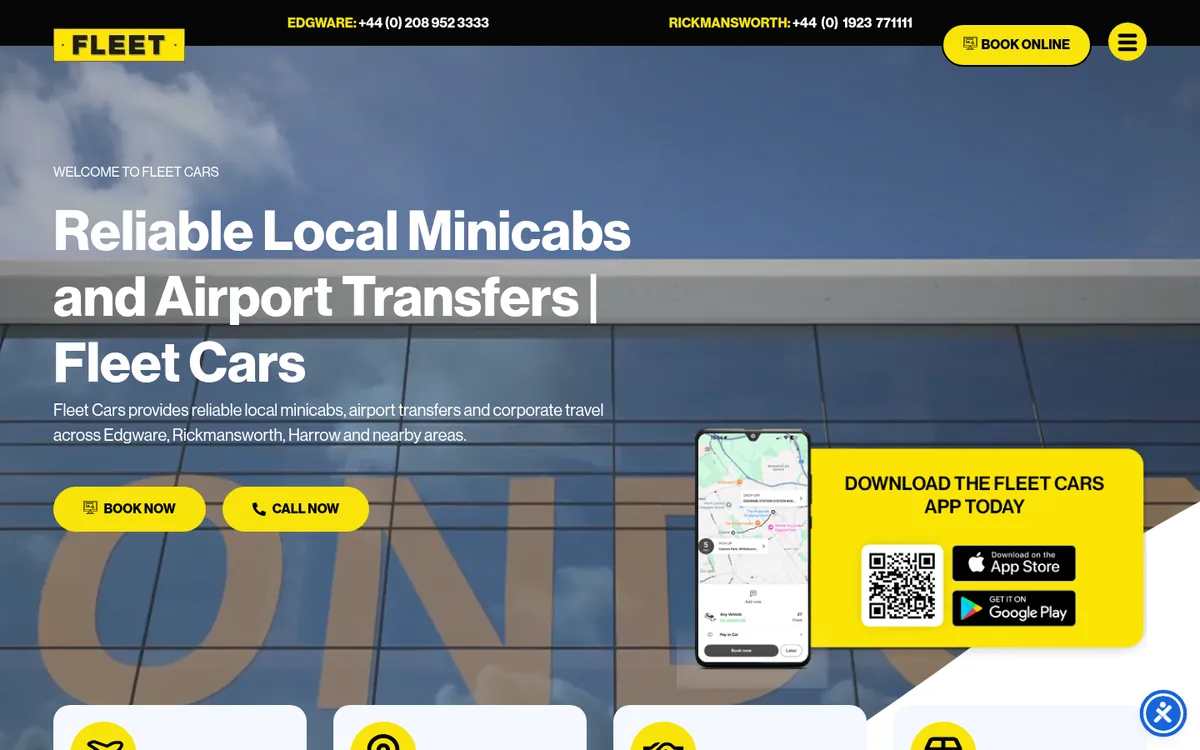 Fleet Cars website homepage: minicabs and airport transfers in Edgware and Rickmansworth, with app download panel