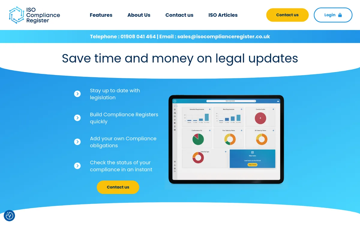 ISO Compliance Register website homepage with the legal updates headline and dashboard preview